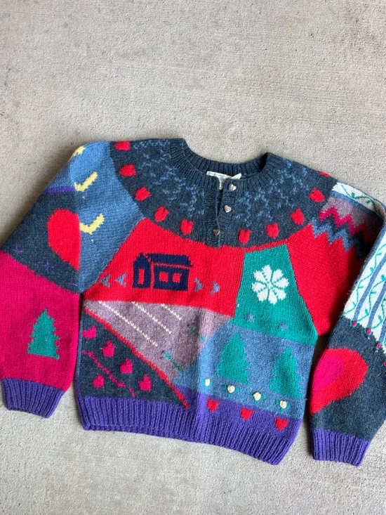 Vintage 80s Eagle eye patchwork wool hand knit cottagecore sweater jumper top - Picture 7 of 10
